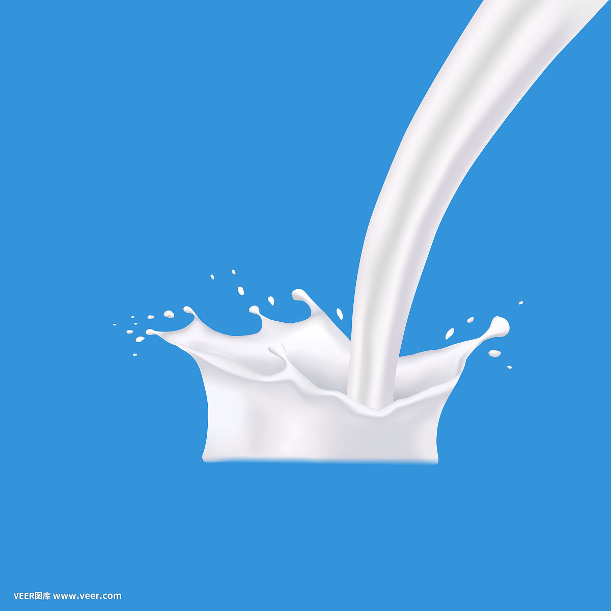 蓝色背景上溅上牛奶或奶油。向酸奶中加入漩涡和滴剂。农业产品。新鲜的牛奶奶昔与溅。天然乳制品的波动流。奶油的食物。矢量图